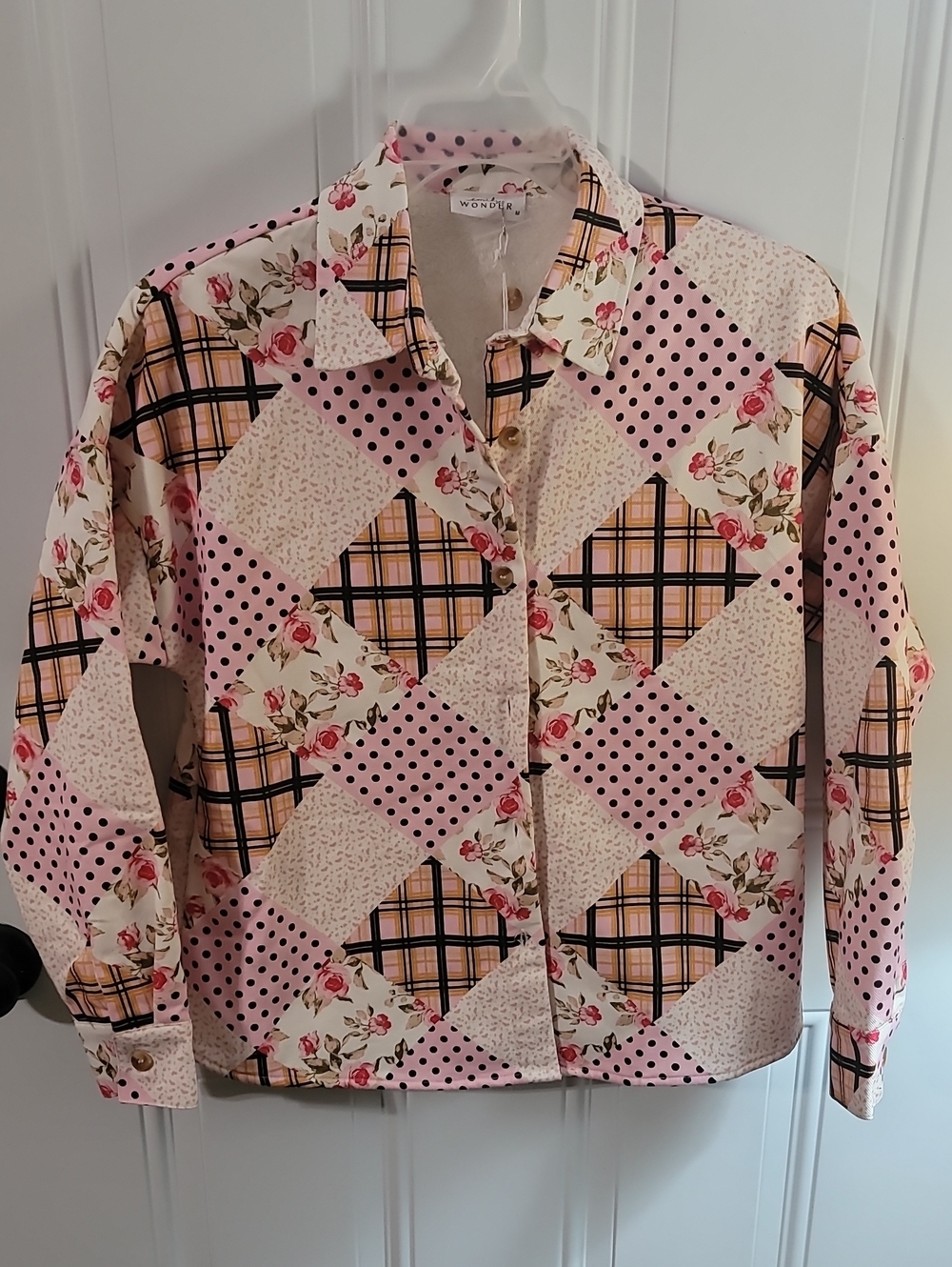 Emily Wonder Pink Patchwork Button-Down Jacket with Floral & Plaid